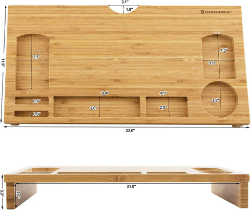 SONGMICS Monitor Stand Riser with Storage Organizer Office Computer Desk Laptop Cellphone TV Printer Stand Desktop Container Bamboo Wood Natural ULLD201