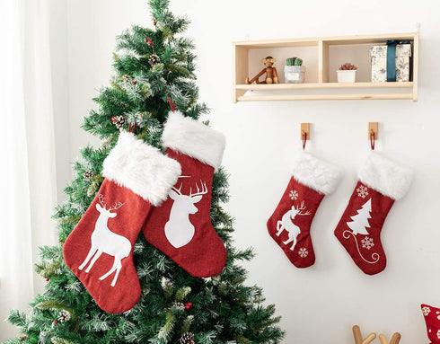 NIGHT-GRING Christmas Stockings, 4 Pcs 20" Big Xmas Stockings, Burlap Style Snowflake,Christmas Tree and elk and Plush Faux Fur Cuff Stockings, for Family Holiday Xmas Party Decorations (White-Fluff)