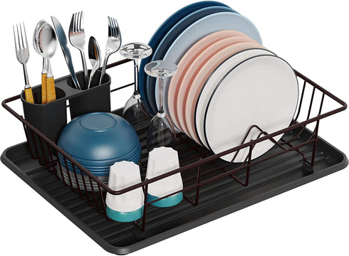 Dish Drying Rack, GSlife Small Dish Rack with Tray Compact Dish Drainer for Kitchen Counter Cabinet ,Bronze