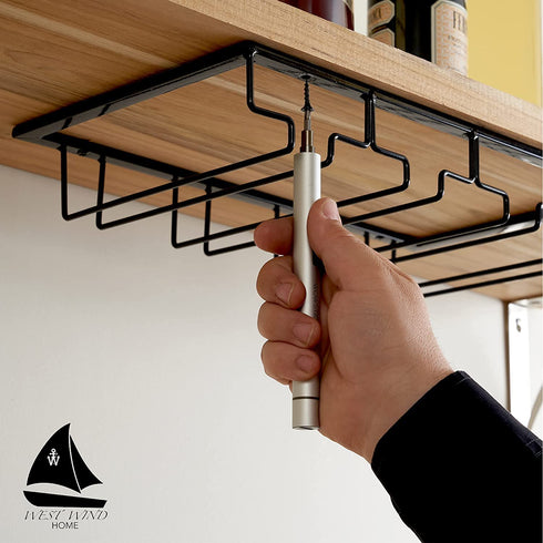 Wine Glass Rack Under Cabinet - 4 Row Iron Stemware Rack With A Steel Wine Stopper - Our Wine Glass Hanger Holds Wine, Brandy, Margarita, Martini Glasses & More - 1 Rack, Black