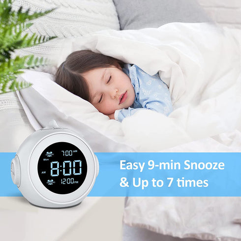 Welgo Digital Alarm Clock Radio-0-100% Dimmer, 6 Sounds Adjustable Volume, Weekday/Weekend, FM Radio with Sleep Timer, Snooze, Battery Backup, 2.4''LCD Display, Headphone Jack, Small Size for Bedside