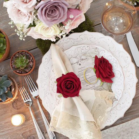 Valentine's Day Rose Napkin Rings Set of 6, Artificial Rose Napkin Rings with Gold Metal Holder Design for Wedding Party Holiday Banquet Anniversary Dining Table Settings Decor (Red Rose)