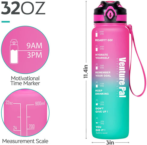 Venture Pal 32oz Motivational Leakproof Fast Flow Trendy Water Bottle with Time Marker & Removable Strainer to Remind You Drink More Water and Hydrate in Style