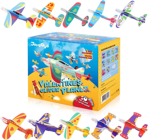 JOYGOGO 50 Pack Valentines Foam Airplanes and 50 Pack Valentine Cards for Kids, Valentines Gifts for Kids Classroom, Party Favors, Valentine Treats for School