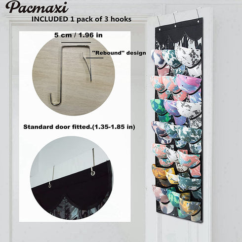 Baseball Hat Rack for Door/Wall, Hanging Over The Door Cap Collection Storage Organizer with 24 Clear Pockets to Protect Hat, Display Your Baseball Caps, Complete with Over Door Hooks (black1)