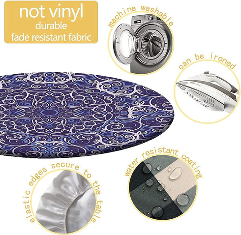 Navy Blue Kaleidoscope Flowers Fitted Tablecloth Round, Bohemian Style Elastic Edge Table Covers, Indoor Kitchen Dinning Room or Outdoor Picnic Party Dining Tables Decoration, Fits Tables 28" to 32"