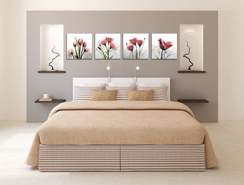 Moyedecor Art - 4 Panel Elegant Tulip Flower Canvas Print Wall Art Painting For Living Room Decor And Modern Home Decorations (Four 12X12in, Red flower)