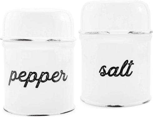 AuldHome Salt and Pepper Shaker Set; Rustic White Enamelware Retro Vintage Style Shaker Set