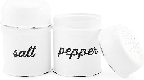AuldHome Salt and Pepper Shaker Set; Rustic White Enamelware Retro Vintage Style Shaker Set