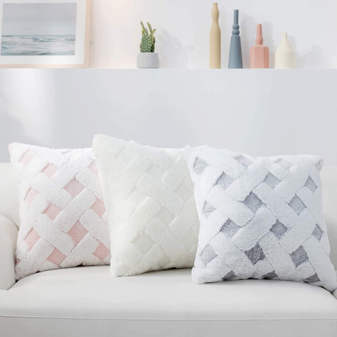 Cozy Bliss Set of 2 Faux Fur Pillow Covers Luxury Super Soft Plush Fleece Throw Pillowcase, Textured Knitted Cushion Cover Decorative Pillowcases for Sofa Couch Bed Chair Car (Cream, 18"x18")