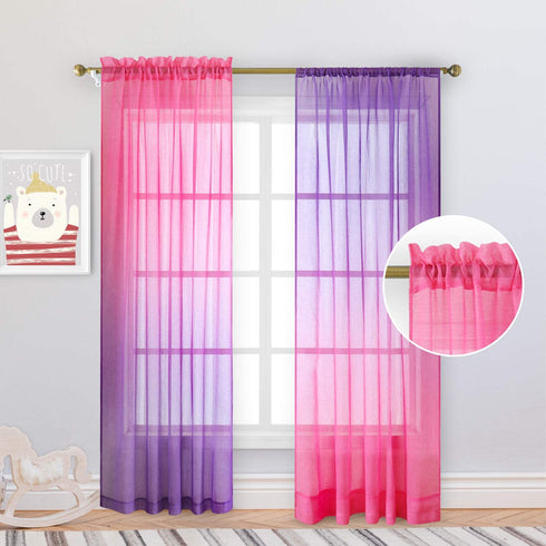 HOMEIDEAS 2 Panels Pink and Purple Sheer Curtains for Girls Bedroom 52 X 84 Inch, Ombre Linen Curtains Rod Pocket Drapes for Nursery Kids Window and Living Room