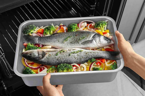 TeamFar Lasagna Pan, Rectangular Cake Pan Brownie Bake Dish Stainless Steel, 12.75—10—3.2", Heavy Duty & Healthy, Deep Side & Brushed Surface, Easy Clean & Dishwasher safe