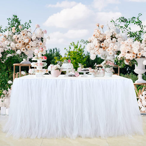 White Tulle Table Skirt Tutu Table Skirts for Rectangle Tables 4ft Fluffy Table Skirt for Wedding Bridal Baby Shower Birthday Party