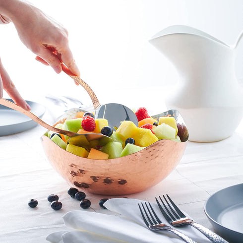 Colleta Home Salad Bowl with Servers - 3 Pc Set - Hammered Copper Salad Bowl - 9.5 Inch Hammered Serving Bowl