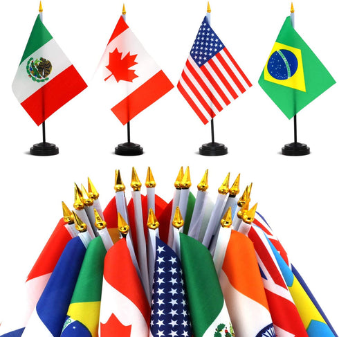 ANLEY 24 Countries Deluxe Desk Flags Set - 8 x 5 Inches Miniature American US Desktop Flag with 13" Black Pole - Vivid Color and Fade Resistant - Come with Black Base and Golden Top