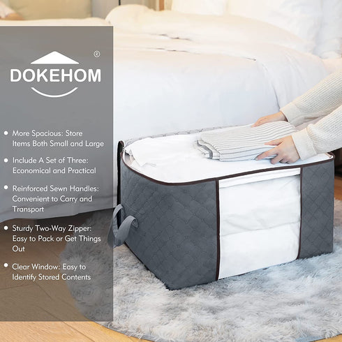 DOKEHOM 3-Pieces 90L Large Clothes Storage Bag Organizer with Reinforced Handle for Comforters, Blankets, Bedding, Collapsible Under Bed Storage (Grey)