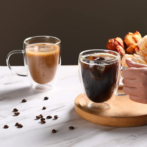 2-Pack 12 Oz Double Walled Glass Coffee Mugs with Handle,Insulated Layer Coffee Cups,Clear Borosilicate Glass Mugs,Perfect for Cappuccino,Tea,Latte,Espresso,Hot Beverage,Wine,Microwave Safe