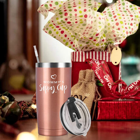 Mommy's Sippy Cup Travel Tumbler with Lids, Mom Birthday Christmas Gifts for Mom New Mom Mother Wife Women Mothers Day Thanksgiving Day, 20 Oz Insulated Stainless Steel Stemless Tumbler, Rose Gold