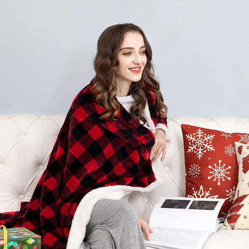 HBlife Sherpa Buffalo Plaid Christmas Throw Blanket for Couch 50X60 Inches, Super Cozy Fuzzy Fleece Warm Plush Holiday Decorative Cabin Blankets and Throws, Black and Red