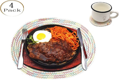 Oval Woven Placemats Set of 4, Cotton Rope Weave Placemats with 4 Pack Round Fabric Coasters Heat-Resistant Non Slip Plait Table Mats Rustic Placemats for Kitchen Table (Rainbow)