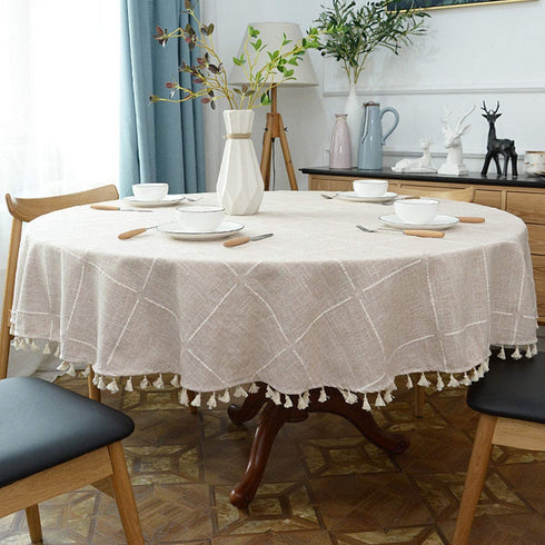 Heavy Weight Cotton Linen Tablecloth, Plaid Tassel Round Table Cover for Kitchen Dining Room Tabletop Decorations, Round - 48", Beige