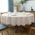 Heavy Weight Cotton Linen Tablecloth, Plaid Tassel Round Table Cover for Kitchen Dining Room Tabletop Decorations, Round - 48", Beige