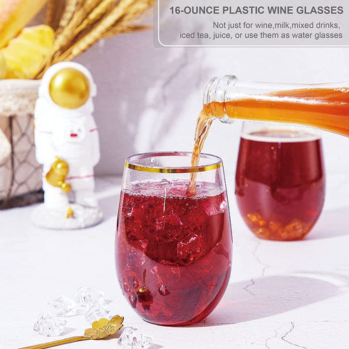 16oz Plastic Stemless Wine Glasses w/Gold Rim - Unbreakable Disposable Cocktails & Scotch Tumbler,Crystal Shatterproof Drinking Glassware Goblet for Homes,Outdoor,Wedding, Anniversary - Set of 6