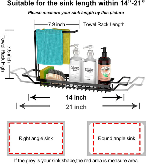 Sponge Holder for Kitchen Sink, Telescopic Sink Storage Rack, Expandable (15.5"-21.3") Sink Caddy Organizer with Dishcloth Towel Holder, Stainless Steel Over Sink Holder for Home (Black)