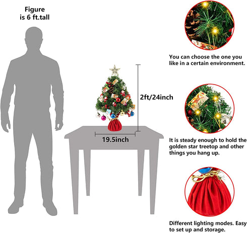 Oyydecor Pre-lit Artificial Mini Christmas Tree 24Inch Small Christmas Tree with 50 LED Small Lights and Cloth Bag Base for Table Top Desk Classic Series Holiday Decoration