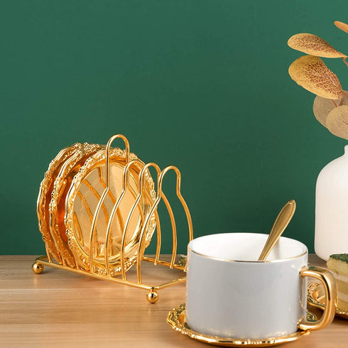 Feyarl Gold Set of 6pcs Drink Coasters Plates Coffee Cup Coasters with Rack Non-Slip Metal Cup Mats Tabletop Display for Coffee Tabletop Bar Living Room Home Deco Kitchen