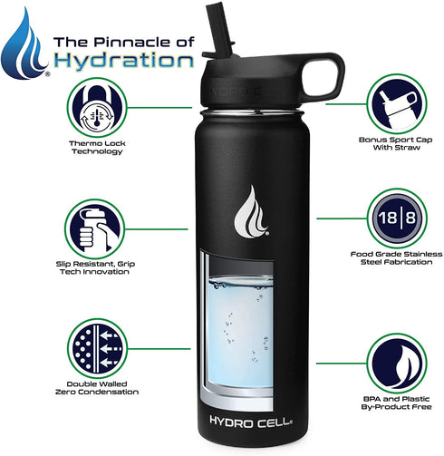 HYDRO CELL Stainless Steel Water Bottle w/ Straw & Wide Mouth Lids (64oz 40oz 32oz 24oz 18oz 14oz) - Keeps Liquids Perfectly Hot or Cold with Double Wall Vacuum Insulated Sweat Proof Sport Design (Black 24oz)