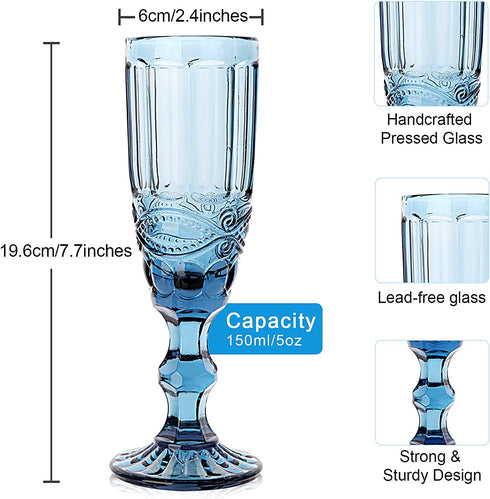 Champagne Glasses set of 4 Cheers Champagne Flutes 5 oz for Wedding Party Anniversary Christmas Vintage Pattern Embossed Premium Glass 150 ml (Blue)