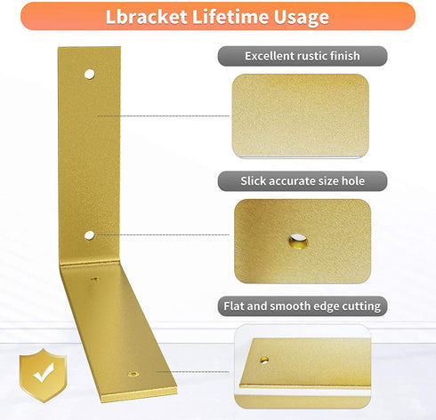 Gold Heavy Duty Shelf Brackets 6 x 4 Inch, Rustic Gold Iron L Shelf Bracket, Industrial Modern Metal Floating Shelf with Hardware for DIY Open Shelving, 4 Pack