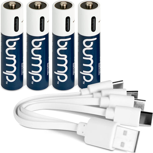 BUMP AAA Rechargeable Batteries - 4 Pack - Lithium Polymer, High Output, Fast & Long Lasting USB-C Charge, Use w/Remote Control, Battery Operated Toys, Keyboard, Wireless Mice, Charger Cable Included