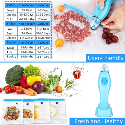 Handheld Vacuum Sealer, includes 15 Reusable Vacuum Sealer Bags, 1 Vacuum Wine Stopper, 2 Sealing Clips, 4 Sous Vide Clips for Food Storage, Keep Wine Fresh & Sous Vide Cooking