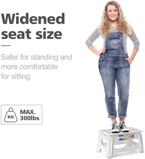 ACSTEP Folding Step Stool - 9" Height 15" Wide Foldable Stepping Stool Sturdy Holds Up to 300 lbs, Safer and Non Slip Foldable Step Stool for Kids - Enough to Support Adults (White)