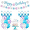 Snowflake Birthday Party Decorations with Happy Birthday Snowflake Banner, Cake Toppers, Purple Blue White Snowflake Balloons for Frozen Birthday Party Supplies Winter Wonderland Baby Shower