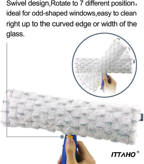 ITTAHO Rotated Window Cleaning Tool,Window Squeegee and Microfiber Scrubber with 53" Stainless Steel Pole,Long Handle Window Washing Equipment for Indoor Outside High Window-Two Pads