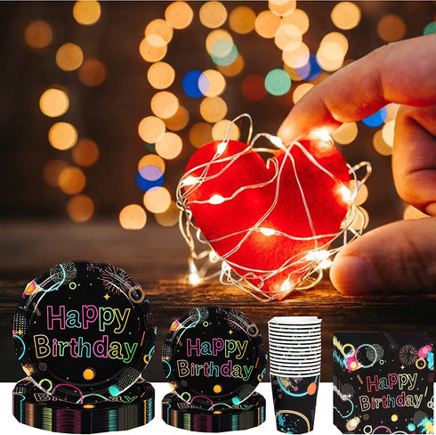 Glow Party Supplies-Complete Pack Glow Party Tableware Including Plates, Cups, Napkins for Glow Birthday, Roller Skating, Ice Skating,Dance Party Serves 16