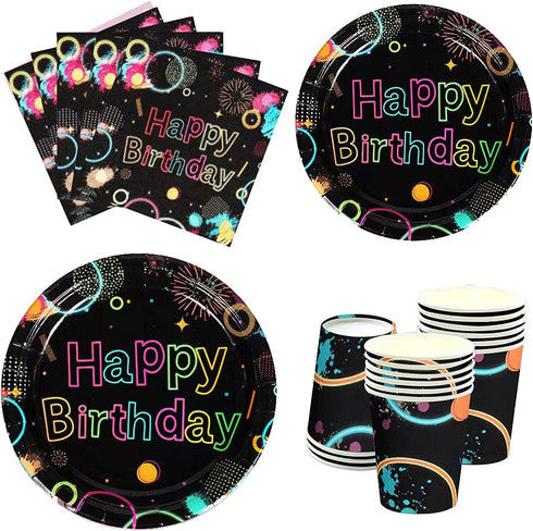 Glow Party Supplies-Complete Pack Glow Party Tableware Including Plates, Cups, Napkins for Glow Birthday, Roller Skating, Ice Skating,Dance Party Serves 16