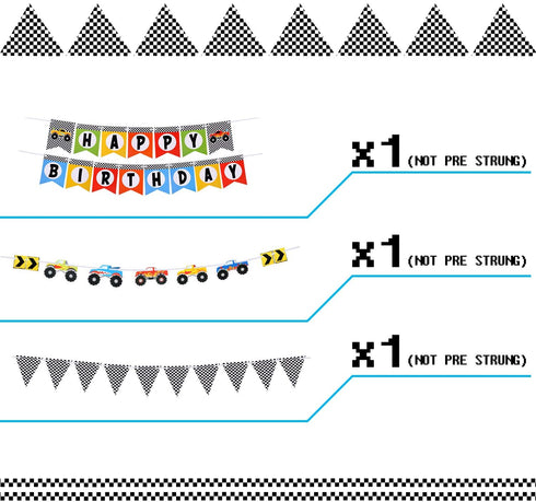 39 Piece Monster Truck Birthday Party Supplies Happy Birthday Banner Monster Truck Banner Triangle Bunting Flags Pom Poms Flowers Hanging Swirls Truck Shape Balloons Multicolor Balloons Cupcake Topper