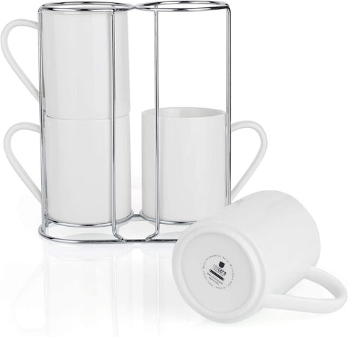 Teocera Porcelain Coffee Mugs with Stand, Coffee Mug Set - 11 Ounce for Tea, Cocoa, and Mulled Drinks - Set of 4, White