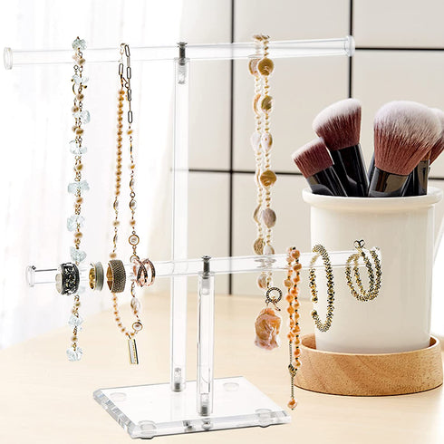 Okllen 2 Pack 2 Tier Acrylic Bracelet Holder, T-bar Clear Jewelry Display Stand, Necklace Storage Tower Jewelry Hanging Organizer for Bangle, Watch, Pendant, Headband Scrunchy, 9.5" W x 10" H
