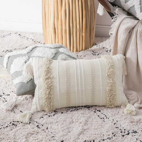 MIULEE Decorative Throw Pillow Cover Tribal Boho Woven Tufted Pillowcase with Tassels Super Soft Pillow Sham Cushion Case for Sofa Couch Bedroom Car Living Room 12X20 Inch Cream White