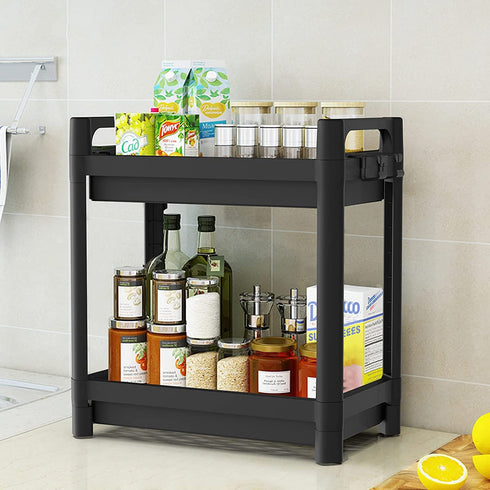 SOYO Under Sink Organizer, 2-Tier Under Bathroom Sink Organizers Cabinet Storage, Standing Rack Organizer, Bath Collection Baskets with Hook, Multi-Purpose Storage Shelf for Kitchen Laundry, Black