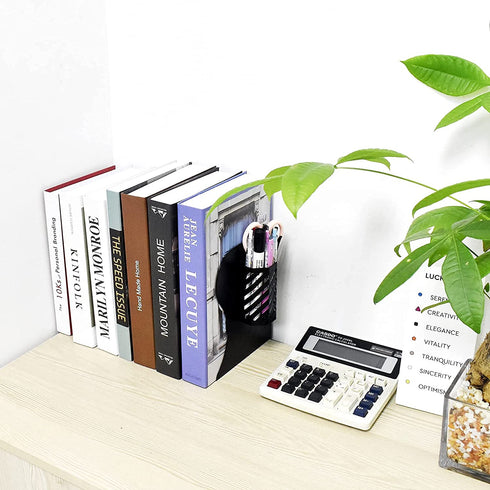 PROWOHO Adjustable Book Ends, Bookends with Removable Pen Holder for Office, Shelves, Desktop File Organizer, Kitchen, School Library and Home, Black