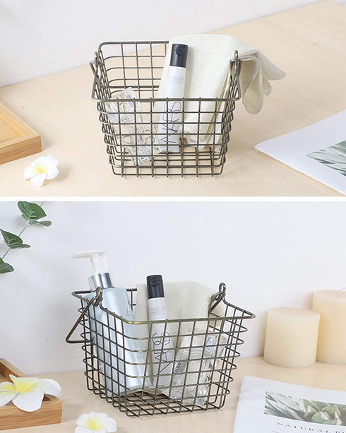 Yarlung 2 Pack Wire Storage Baskets, Small Hanging Metal Baskets Tote Farmhouse Decor Bin Organizer for Bathroom, Kitchen, Laundry Room, Removable Handle, Square, Bronze