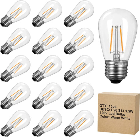 S14 LED Light Bulbs 15 Pack 1.5W (Equivalent to 11 W) Shatterproof Replacement Bulbs with E26 Medium Base, Warm LED Bulbs for Outdoor Patio Garden Vintage String Lights
