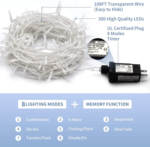 JMEXSUSS 300 LED Christmas Lights Outdoor Waterproof 8 Modes Christmas String Lights Cool White Christmas Tree Lights Indoor Plug in