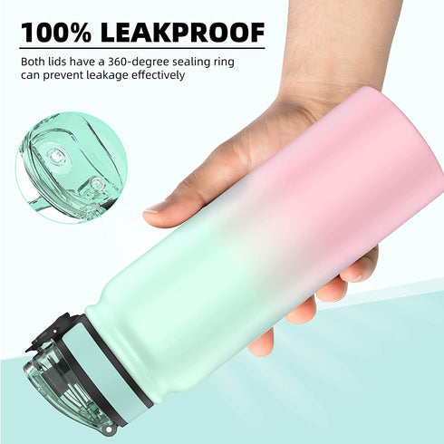 Fanhaw Water Bottles Stainless Steel Insulated Vacuum 20oz Water Bottle for Kids/Adults, 2 Lids Leak Proof Thicken Double Wall for Cold & Hot Beverages, BPA Free (Green-Pink)